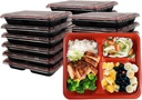Klex 3-Compartment Bento Boxes with Lids, Disposable Microwave Safe PP/OPS, Red/Black/Clear, 9" x 7.7" x 1.3", 300 Sets