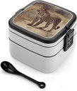 Leopard on The Roadside Bento Box with Compartments Double Layer Bento Lunch Box with Spoon And Handle All-in-One Adult Lunchbox Leakproof Lunch Container for Work Picnic Travel