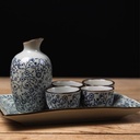 Japanese Sake Set with Tray Retro Ceramic Cups Crafts Wine Glasses Traditional Hand Painted Sake Set (Safflower) (Blue and White)