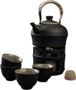 with Warmer, Japanese Style Traditional Pottery Hot Saki Set 6-Piece Including 1pc Candle Stove, 1pc Sake Pot, 4pcs Sake Cups,1 pot 4 cups