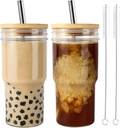 24oz Reusable Iced Coffee Cup Smoothie Cup bubble Tea Cups, 2 Pack Wide Mouth Glasse Cup with Bamboo Lid and Straw, Mason Jar Cup Drinking Glasses Tumbler with Straw and Lid (Silver Straw, 2)