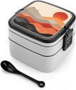 Retro Images Bento Box with Spoon, 2-layer Stackable Lunch Box Leak Proof with Invisible Handle, Insulated Food Storage for Office, Picnic & Travel