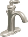 Moen Brantford Brushed Nickel One-Handle Traditional Low-Arc Bathroom Faucet with Optional Deckplate and Available Vessel Sink Extension Kit, 6600BN