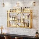 Wall Mounted Wine Rack with LED LightMetal Floating Shelves & Hanging Glass Holder Large Capacity Liquor Bottle Display for Bar Kitchen Wine Cellar DecorBlack/Gold