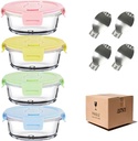 1.5 Cup Glass Food Storage Containers with Lids and Folding spoon, Small food Containers with lids, Glass Lunch Containers for Office Meals, Microwave, Freezer and Dishwasher Safe (4 Pack)