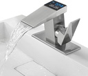 LOOPAN LED Bathroom Sink Faucet 1 Hole 1 Handle Faucet Waterfall Temperature Display Brushed Nickel Hydraulic Power, Bathroom Sink Mount Vanity Faucet Lead-Free Commercial Residential