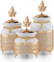 Canisters Sets for the Kitchen, Ceramic Kitchen Canisters for Countertop with Metal Leaf Lids, Sugar Containers for Coffee, Tea, Spice, Mason Cookie Jars (Set of 3), Handmade Storage (GOLD)