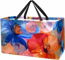 Reusable Grocery Bag Flowers with Pink Blue and Orange Colors Large Stand Up Tote Shopping Bag with Reinforced Handles