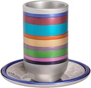 YAIR EMANUEL Anodized Aluminum Kiddush Cup for Shabbat with Multicolored Rings and Matching Saucer - Modern Judaica Wedding Gift (Multicolored CAB-1)