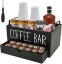 Coffee Station Organizer with Drawer, Wood Bar Accessories Organizer for Countertop, Coffee Station Organizer Coffee Pods Holder Storage Basket with Handle for Coffee Accessories Organizer