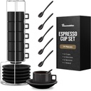 Houseables Espresso Cup Set, Espresso Cups Stackable, Expresso, Demitasse, with Saucers, Stand, Spoons, Coffee Mugs, Juego De Tazas Para Cafe, Porcelain, Stacking, 19 Pieces, Set of 6, 2.5 oz, Black