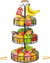 PouHenier.jh 3 Tier Rotating Fruit Basket Bowl, Kitchen Counter Wire Produce Organizer Holder, Stable Vegetable Storage Stand with 2 Banana Hangers, Countertop Tiered Veggie Rack, Easy Setup, Black