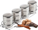 Tablecraft 6 oz Coffee Shaker 4-Piece Set with Rack | Ideal for Cocoa, Cinnamon, Nutmeg | Home, Café, Foodservice & Coffee Bar Use | Stainless Steel Shakers for Seasonings, Spices, & Toppings