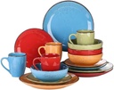 16 Piece Vintage Ceramic Stoneware Dinnerware Set, Premium Heavier Material Dishwasher & Microwave Safe Scratch & Chip Resistant Solid Colorful Blue Red Plates and Bowls and Mugs, Service for 4