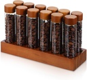 12-Pack Single Dose Coffee Bean Storage Tubes with Pine Wood Stand – Airtight Glass Vials for Fresh Coffee, Tea, and Spices (2 oz, Clear/Brown)
