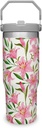 Floral Pink Lily 30oz Stainless Steel Tumbler with Straw - Vacuum Insulated Water Bottle for Office or Car - Reusable Mug Cup with Leak Resistant Flip - Holiday Gift for Mom,Her,Mother(Style-02)