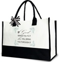 If GOD Brings You To it He Will Bring You Through it Bible Verse Tote Bag for Women, Christian Canvas Tote Bag Gift for Her, 12x17 inch