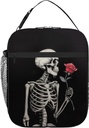 Goth Skull Lunch Box Funny Skeleton Holding A Rose Lunch Bag for Women Men, Gothic Horror Skull Black and White Insulated Lunchbox Reusable Leakproof Meal Tote Bag with Shoulder Strap