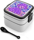 Purple Poodle Polka Dots Bento Box with Spoon, 2-layer Stackable Lunch Box Leak Proof with Invisible Handle, Insulated Food Storage for Office, Picnic & Travel