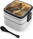 All-in-One Bento Box Stackable Leak-Proof Lunch Box With Carry Handle 2 Layer Portable Meal Prep Container Fox in Field Lunchbox with Utensils for Dining Out Work, Black