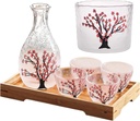 Cherry Blossom Sake Set - Japanese-Style Handcrafted Glass Carafe and Four Cups with Warmer, Perfect for Traditional Liquor Tasting, Ideal for Celebrations and Social Gatherings
