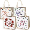 Silkfly 4 Pcs Teacher Appreciation Tote Bag Christmas Gifts for Women Best Teacher Appreciation Gifts Burlap Tote Bag with Handles for Graduation Party First End Day of School Grocery Shopping