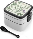 Bento Box Stackable 2 Layers Containers Adult Lunch Box Green Flower Herb Sage Leaves Lunchbox for Women Men All-in-One Meal Prep Containers Leakproof Lunch Containers for Work