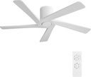 WINGBO 48 Inch Flush Mount DC Ceiling Fans without Lights, 5 Carved Solid Wood Blades, 6-Speed Reversible DC Motor, Low Profile Hugger Ceiling Fan No Lights for Indoor and Outdoor, Gloss White