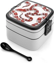 Red And White Snake Bento Box Double-Layer Bento Lunch Container with Spoon And Invisible Handle Adult Leak-Proof Lunchbox for Dining Out Work Picnics Travel