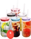 16oz Drinking Clear Cups with Chroma Lids, Clear Plastic Mason Jar Acrylic Cups, Shatterproof Drinking Jars for Smoothies, Cold Brew, Beer, Coffee, Milk Tea (6 Pack, Multicolor Lids)