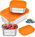 Leonyo Stainless Steel Lunch Containers for Kids, 18/10 Stainless Steel Food Containers with Silicone Lids, Metal Toddler Bento Box, Food Storage Bento Box for Snacks, Sandwiches, Fruits(25oz+8oz*2)