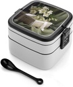White Flowers on Box Bento Box Adult Lunch Box All-in-One Lunch Containers with Removable Compartments Double Layer Bento Lunch Box with Spoon And Handle Stackable Lunchbox