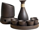 10 Pieces Sake Set, Sake Cups with Warmer, Traditional Ceramic Porcelain Hot Saki Drink, Includes 1 Sake Pot, 6 Sake Cups, 1 Thermal Pot, 1 Heating Stove, 1 Tray Warmer