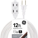 GE 51954 3-Outlet Extension Cord 12 Ft Power Strip 2 Prong White