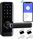 Smart Front Door Lock with Lever Handle, Keyless Entry Keypad Fingerprint Deadbolt, APP Control Biometric Electronic Digital Touchscreen Knob Set (Black)