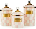 MACKENZIE-CHILDS Enamel Canister Set, Small (38 oz.), Medium (48 oz.), and Large (64 oz.) Kitchen Containers, Pink-and-White Rosy Check