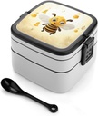 Adult Double-Layer Bento Box Portable Cute Bees Honey Lunchbox 1 L Capacity Leak-Proof Bento Box Microwave-Safe Food Container with Spoon And Hidden Handle
