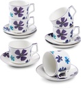 GuangYang 7oz Tea Cups set of 6, Fancy Color Flowers Design (Durable Porcelain for Hot Tea, Coffee, Latte,Small Macchiato, Cappuccino, Chocolate Drinks and Party)