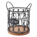 Coffee Pod Basket, Decorative Round Wire Coffee Capsule Holder with Wooden Base, Round Coffee Basket Decor Rustic Coffee Pod Holder for Cafe Kitchen Countertop (Black)