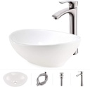 16 Inch Oval Bathroom Vessel Sink and Faucet Combo -VOKIM 16" x 13" White Ceramic Modern Egg Shape Above Counter Bathroom Vanity Bowl,Brushed Nickel Faucet Matching Pop Up Drain Combo