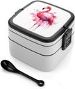 Flamingo Watercolor Bento Box Double-Layer Bento Lunch Container with Spoon And Invisible Handle Adult Leak-Proof Lunchbox for Dining Out Work Picnics Travel