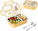 Stainless Steel Bento Lunch Box for Kids, 26.4 oz Leak-Proof 3-Compartment Metal Bento Box, BPA-Free, Cute Cartoon Meal Prep Snack Container with Utensils for School, Office, Travel - Yellow