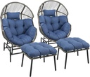 Egg Chair Outdoor Basket Chairs - 4 PC Wicker Patio Egg Cocoon Chairs Set with 2 Chairs and 2 Ottomans Rattan TearDrop Cuddle Chair for Indoor Bedroom Outside Porch Deck Backyard Garden(Grey/Blue)
