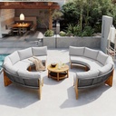 8 Pieces Outdoor Half Moon Sectional Sofa Conversation Set, Acacia Wood Patio Furniture Set with 2 Semicircular Table, Woven Rope Design and Cushions, Curved Half Moon Seating Group Sofa Set (Gray)