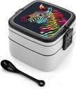 Colorful Rainbow Zebra Bento Box Adult Lunch Box Containers with Spoons Double Layered Lunch Containers Portable Lunch Boxes Food Container for Work Picnic Travel