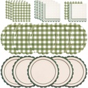 48PCS Sage Green Gingham Paper Plates and Napkins Sets - Sage Green Scalloped Party Supplies Tableware, Disposable Dinner Plates Napkins Kit for Birthday Baby Shower Wedding Party Decorations