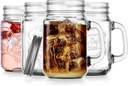 Glaver's Mason Drinking Jars – Set of 4, 15.25 Oz Clear Glass Jar with Handle and Lid. – Ice-Cold Drink Glassware Logo – Glass Mugs Ideal for Cold Beverages, Juice, Smoothie, Cocktails.