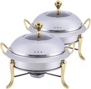 SOGA 2X Stainless Steel Round Buffet Chafing Dish Food Warmer with Gold Accents and Glass Top Lid for Catering