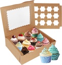 12Pcs Cupcake Boxes with Windows, Paper Cupcake Containers, Cupcake Box Cupcakes Carrier with Insert Holding, Bakery Boxes Cupcake Transport Holders Bulk for Muffins Cookies Treats Dessert (Kraft)