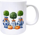 Fall Chinoiserie Pumpkin Coffee Mugs, Fall Mugs, Blue and White Porcelain Chinoiserie Topiary Coffee Teacup, Autumn Gifts for Women Men, Preppy Orange Bow Pumpkin Ceramic CoffeeMug 11oz